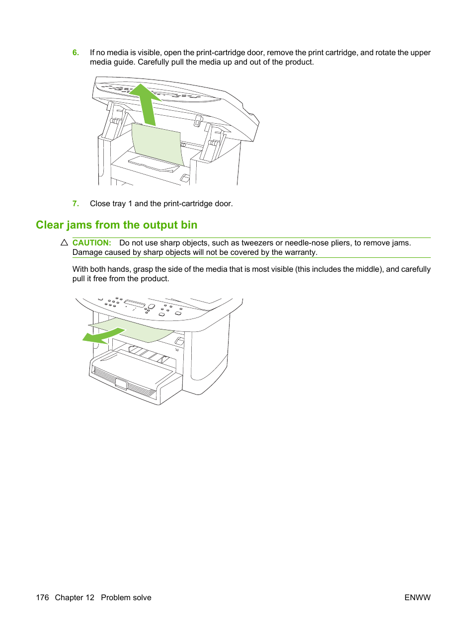 Clear jams from the output bin | HP LaserJet M1522 Multifunction Printer series User Manual | Page 188 / 254