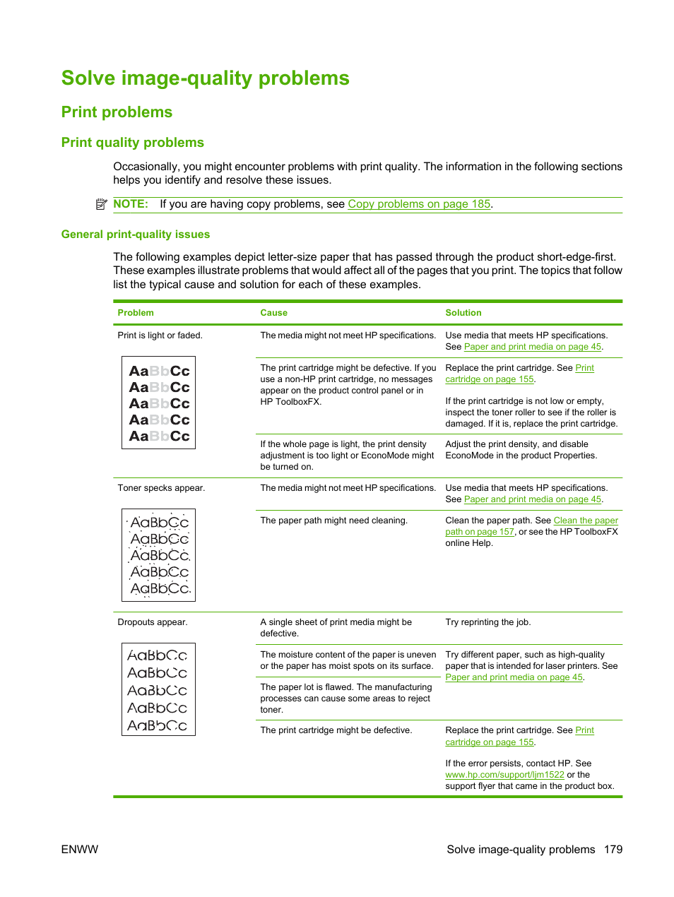 Solve image-quality problems, Print problems, Print quality problems | General print-quality issues | HP LaserJet M1522 Multifunction Printer series User Manual | Page 191 / 254