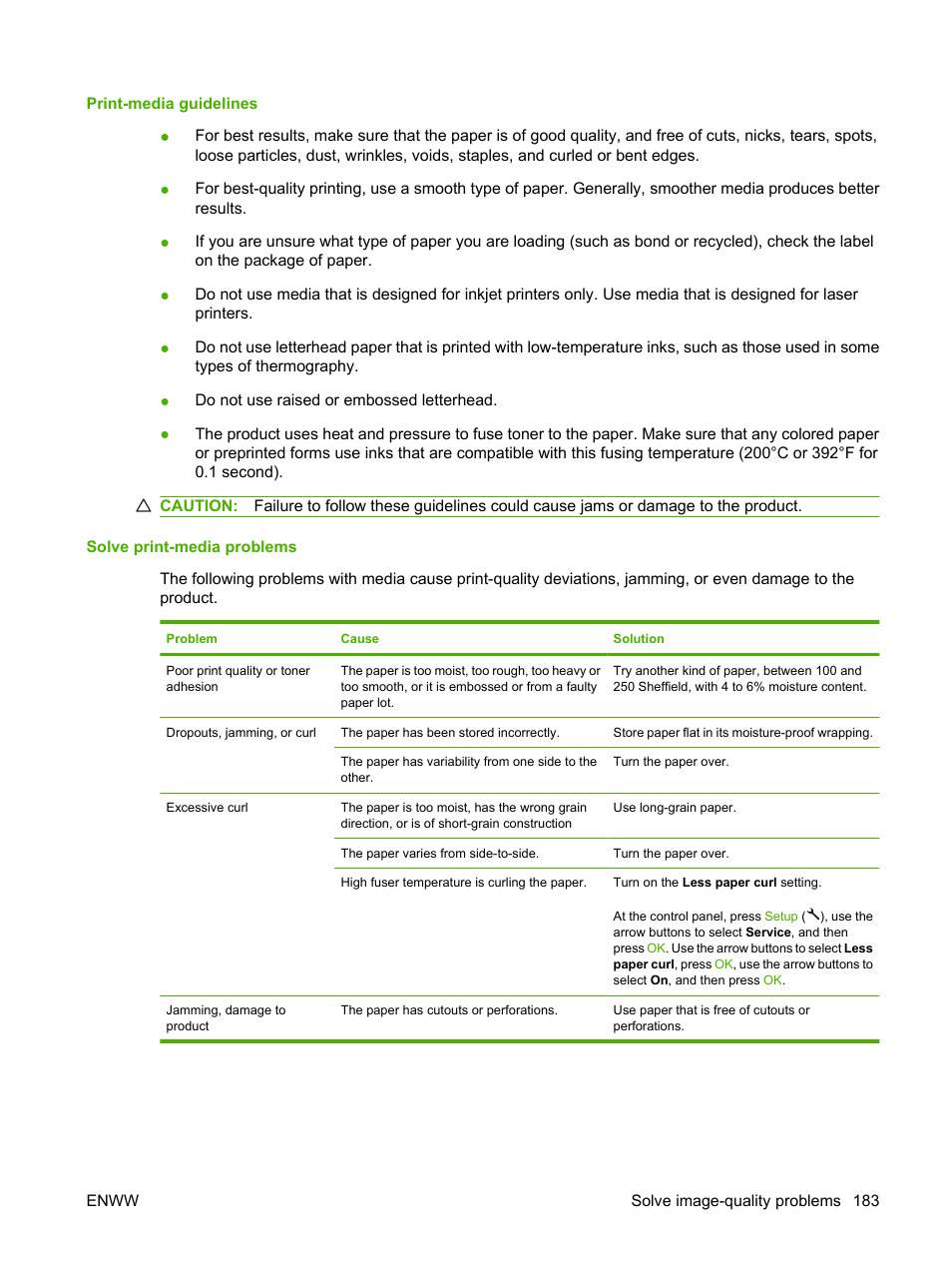 Print-media guidelines, Solve print-media problems | HP LaserJet M1522 Multifunction Printer series User Manual | Page 195 / 254