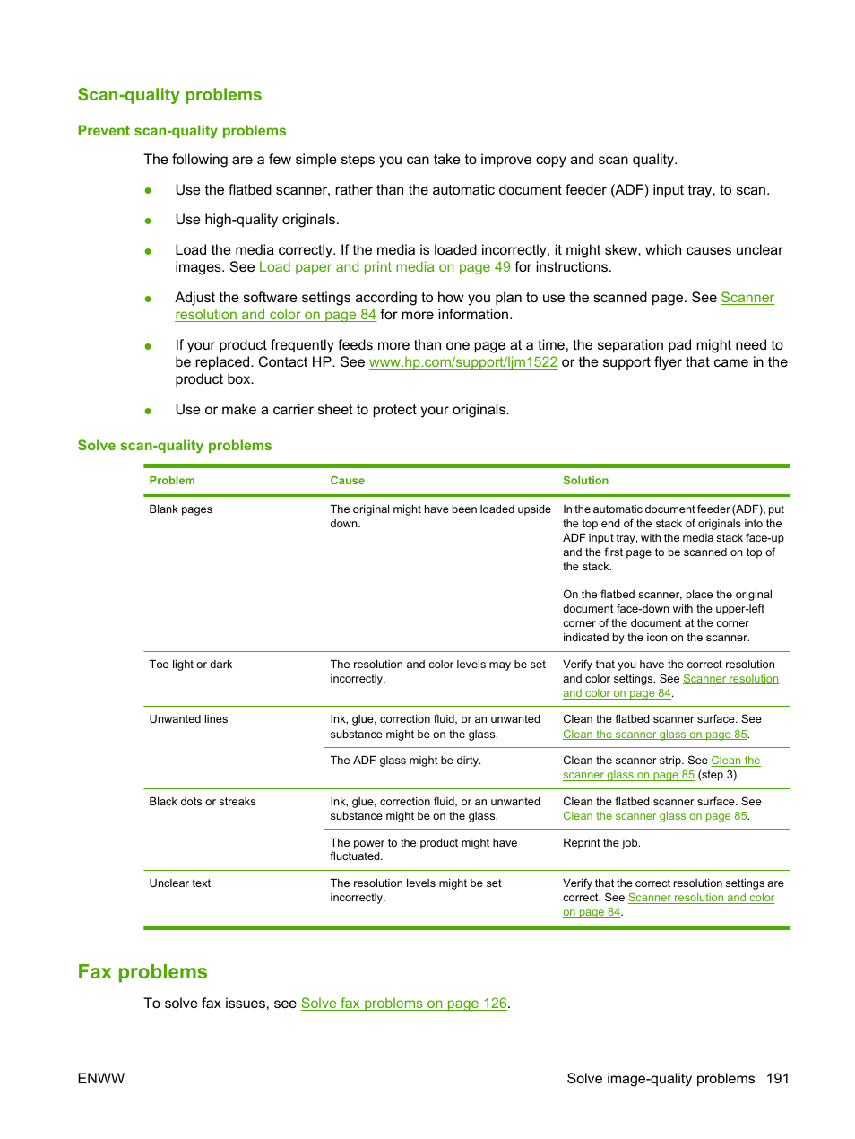 Scan-quality problems, Prevent scan-quality problems, Solve scan-quality problems | Fax problems | HP LaserJet M1522 Multifunction Printer series User Manual | Page 203 / 254
