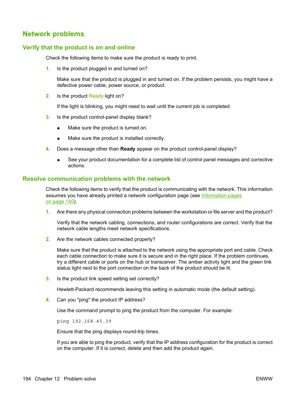 Network problems, Verify that the product is on and online, Resolve communication problems with the network | HP LaserJet M1522 Multifunction Printer series User Manual | Page 206 / 254