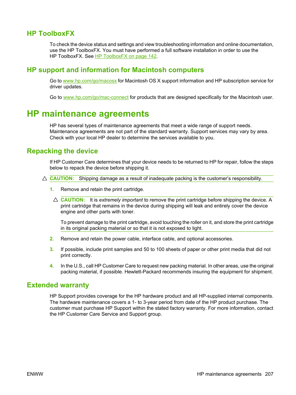 Hp toolboxfx, Hp support and information for macintosh computers, Hp maintenance agreements | Repacking the device, Extended warranty, Repacking the device extended warranty | HP LaserJet M1522 Multifunction Printer series User Manual | Page 219 / 254