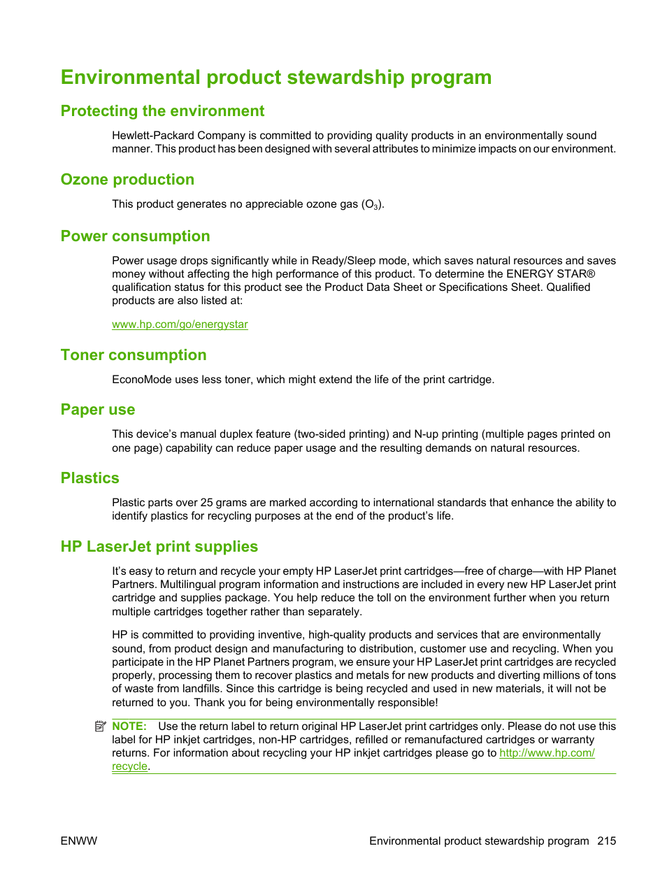 Environmental product stewardship program, Protecting the environment, Ozone production | Power consumption, Toner consumption, Paper use, Plastics, Hp laserjet print supplies | HP LaserJet M1522 Multifunction Printer series User Manual | Page 227 / 254