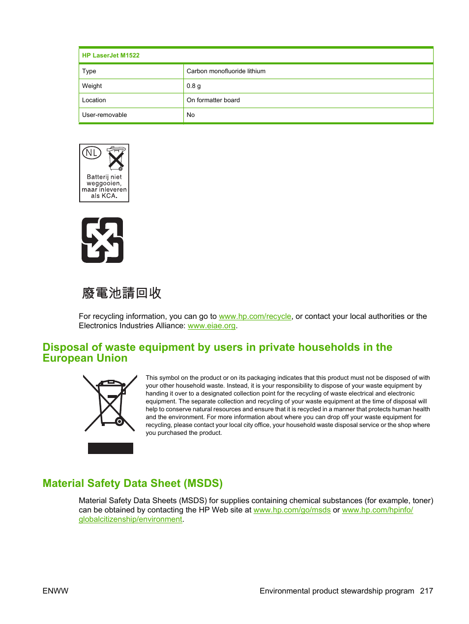 Material safety data sheet (msds) | HP LaserJet M1522 Multifunction Printer series User Manual | Page 229 / 254