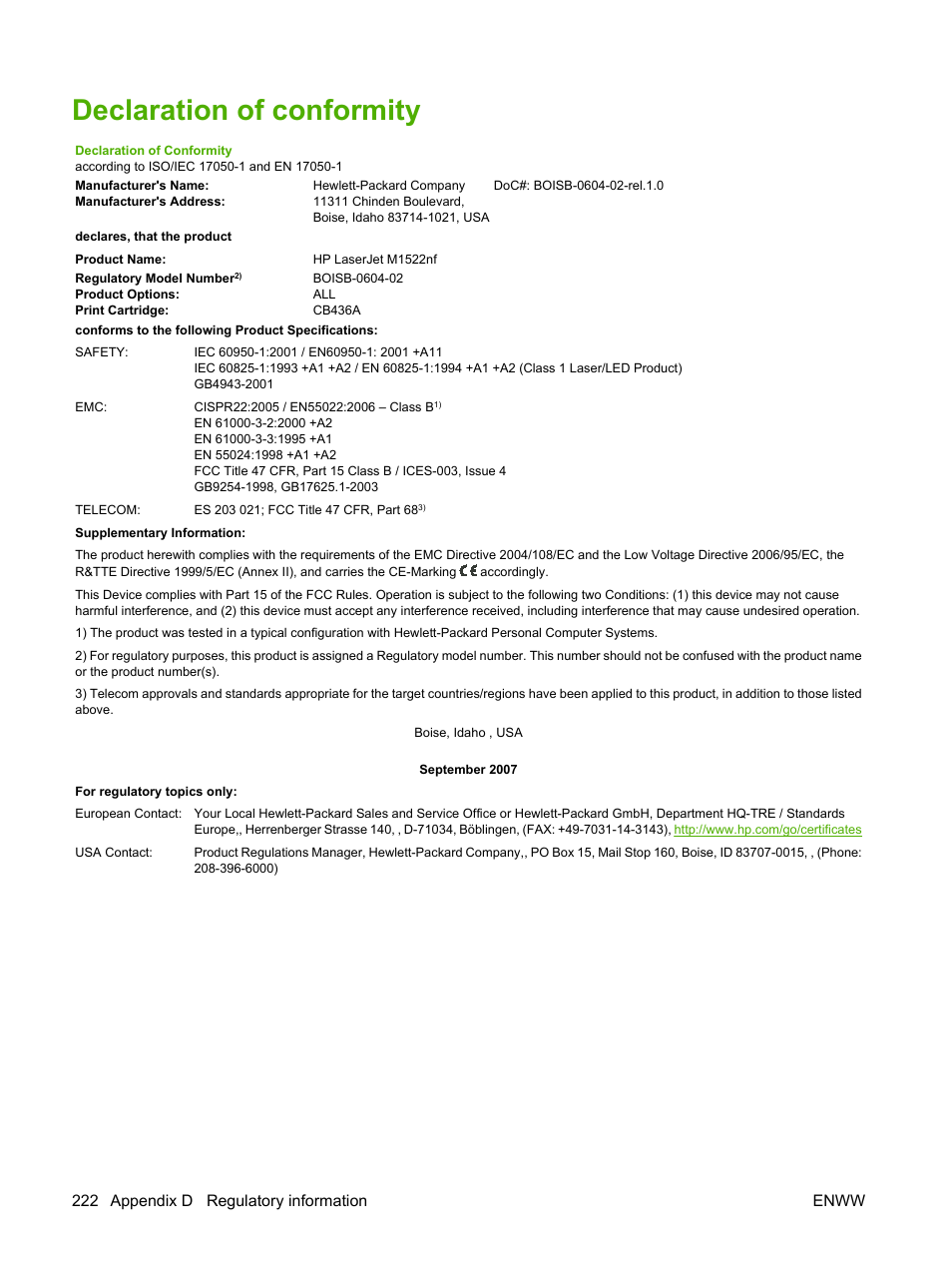 Declaration of conformity, 222 appendix d regulatory information enww | HP LaserJet M1522 Multifunction Printer series User Manual | Page 234 / 254