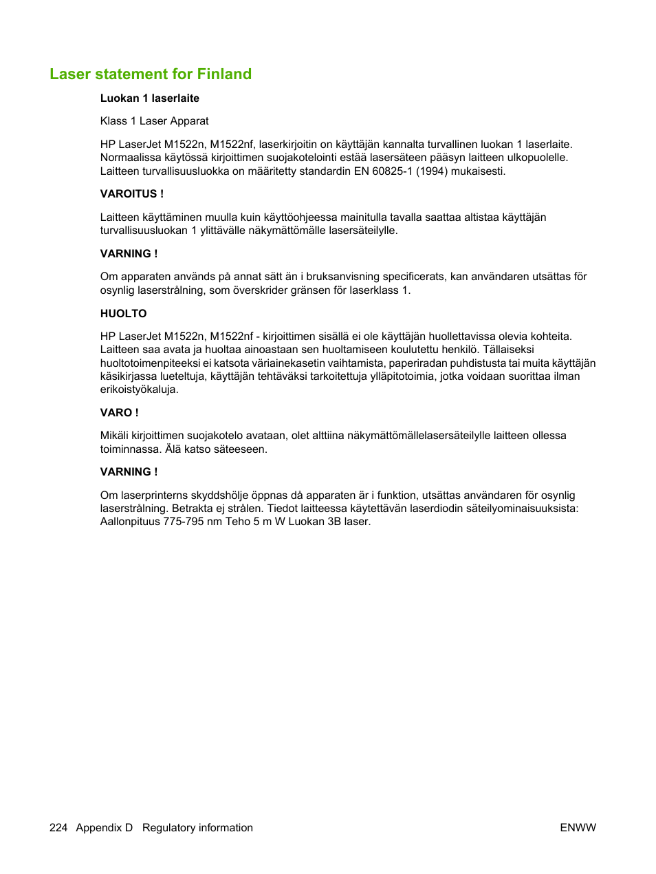 Laser statement for finland | HP LaserJet M1522 Multifunction Printer series User Manual | Page 236 / 254