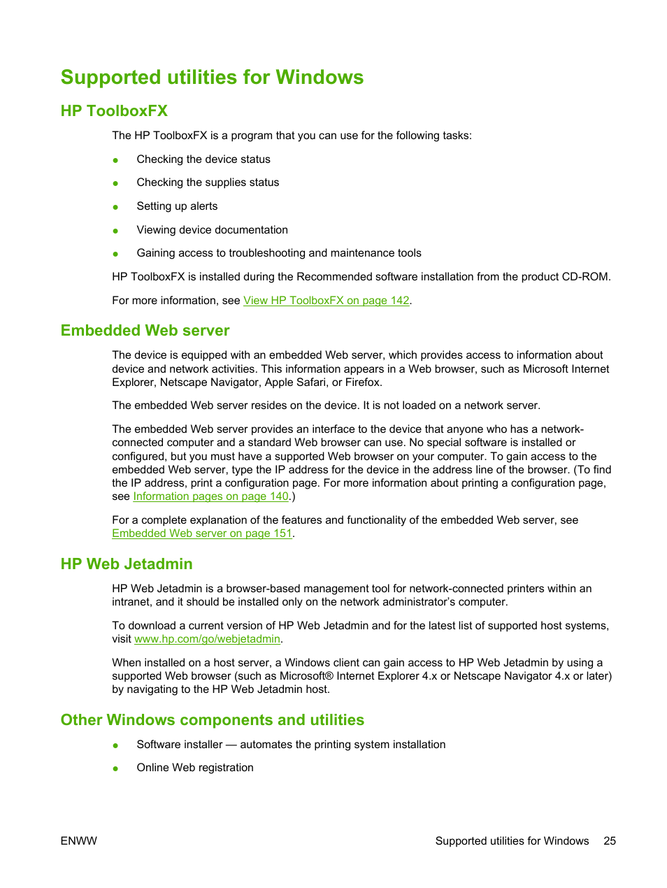 Supported utilities for windows, Hp toolboxfx, Embedded web server | Hp web jetadmin, Other windows components and utilities | HP LaserJet M1522 Multifunction Printer series User Manual | Page 37 / 254