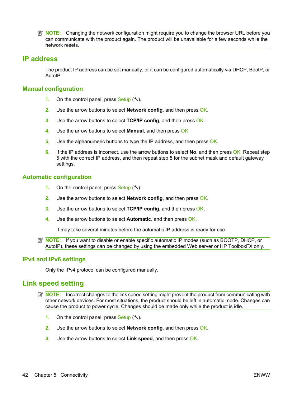 Ip address, Manual configuration, Automatic configuration | Ipv4 and ipv6 settings, Link speed setting, Ip address link speed setting | HP LaserJet M1522 Multifunction Printer series User Manual | Page 54 / 254