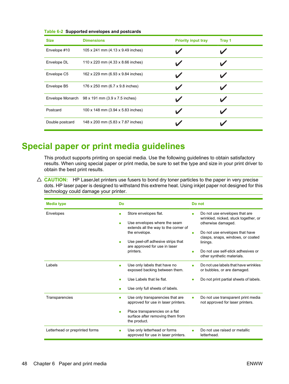 Special paper or print media guidelines | HP LaserJet M1522 Multifunction Printer series User Manual | Page 60 / 254