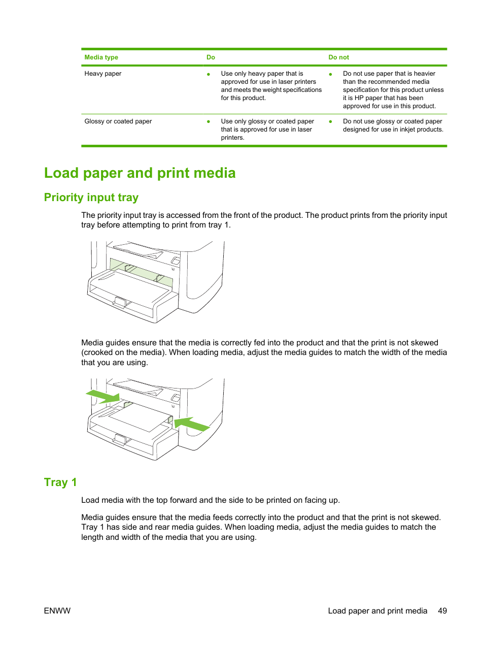 Load paper and print media, Priority input tray, Tray 1 | Priority input tray tray 1 | HP LaserJet M1522 Multifunction Printer series User Manual | Page 61 / 254
