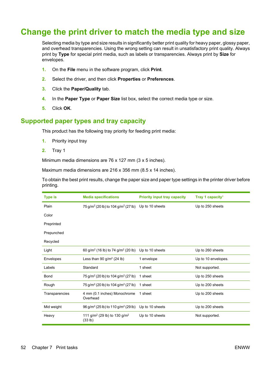Supported paper types and tray capacity | HP LaserJet M1522 Multifunction Printer series User Manual | Page 64 / 254