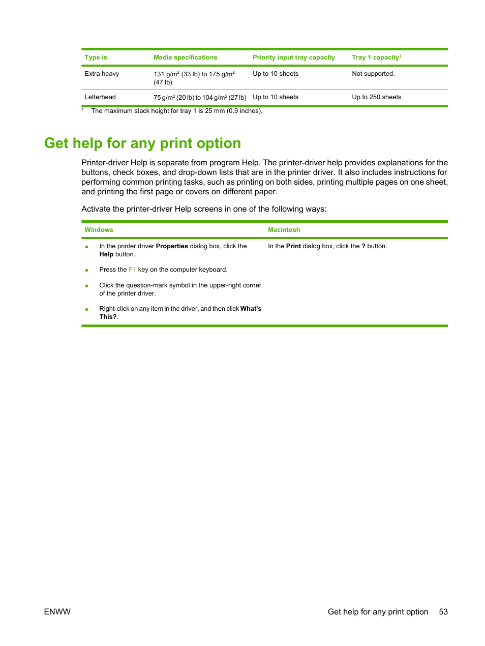 Get help for any print option, Enww get help for any print option 53 | HP LaserJet M1522 Multifunction Printer series User Manual | Page 65 / 254