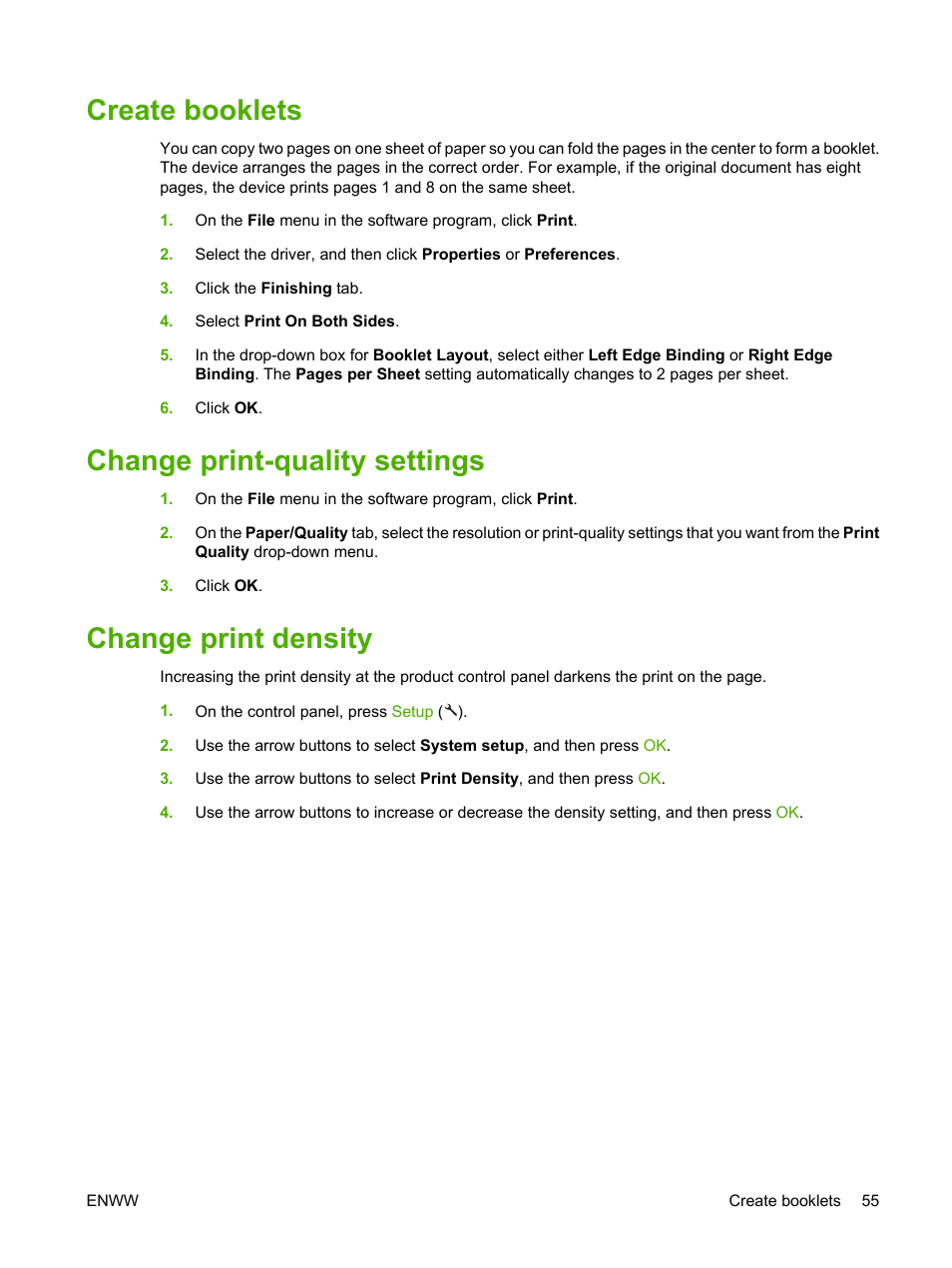 Create booklets, Change print-quality settings, Change print density | Create booklets change print-quality settings | HP LaserJet M1522 Multifunction Printer series User Manual | Page 67 / 254