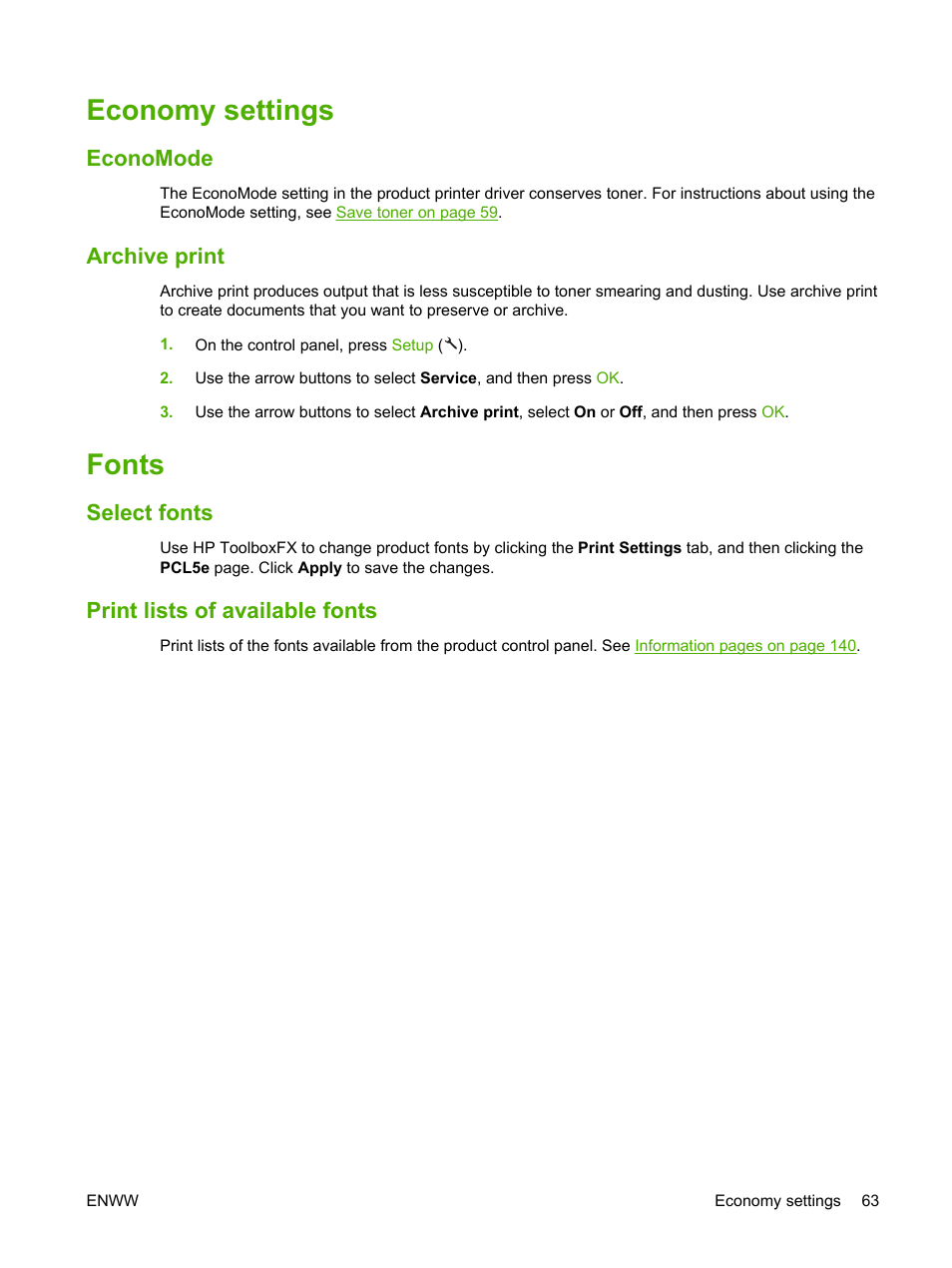 Economy settings, Economode, Archive print | Fonts, Select fonts, Print lists of available fonts, Economode archive print, Select fonts print lists of available fonts | HP LaserJet M1522 Multifunction Printer series User Manual | Page 75 / 254