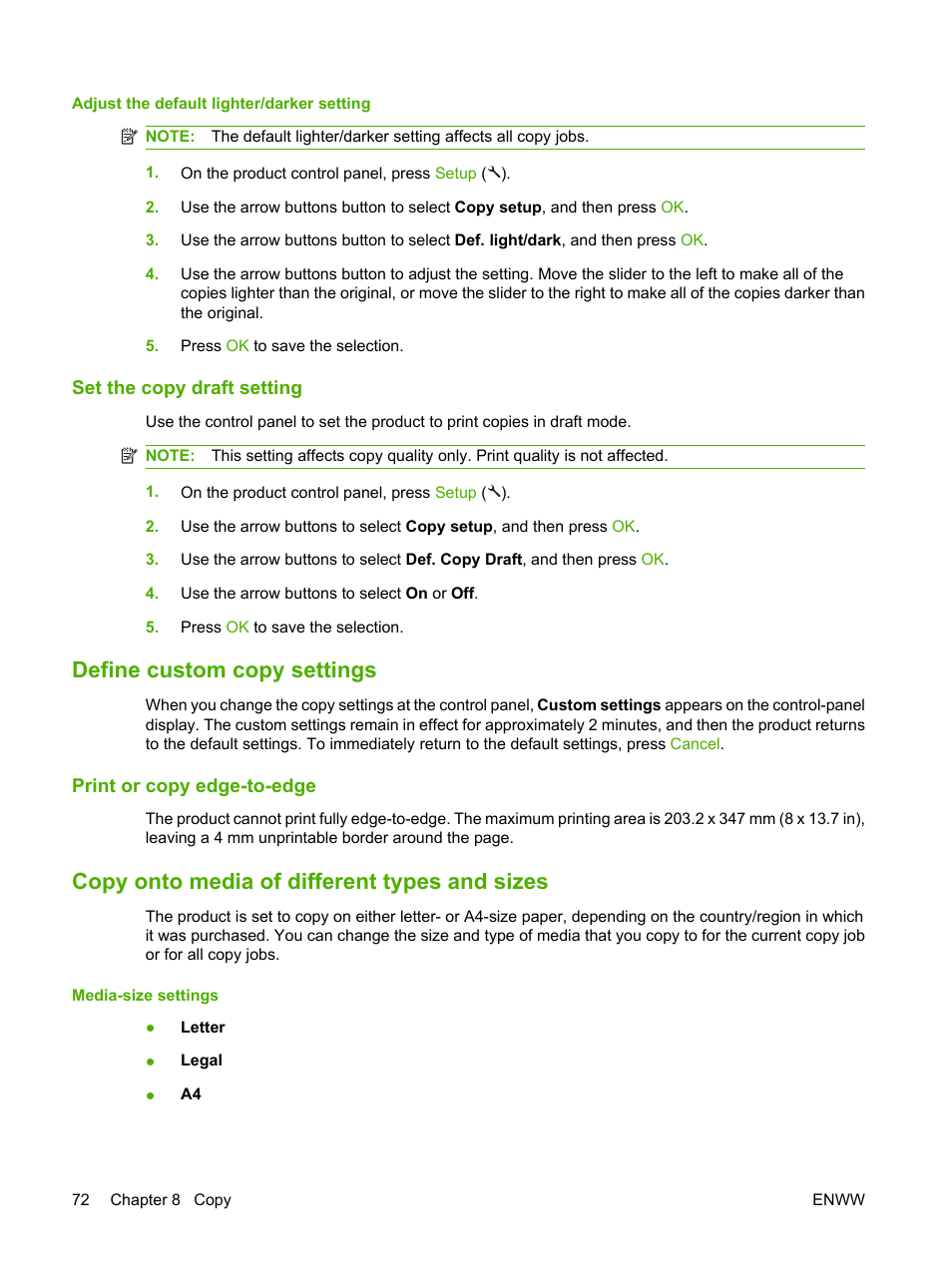 Set the copy draft setting, Define custom copy settings, Print or copy edge-to-edge | Copy onto media of different types and sizes | HP LaserJet M1522 Multifunction Printer series User Manual | Page 84 / 254