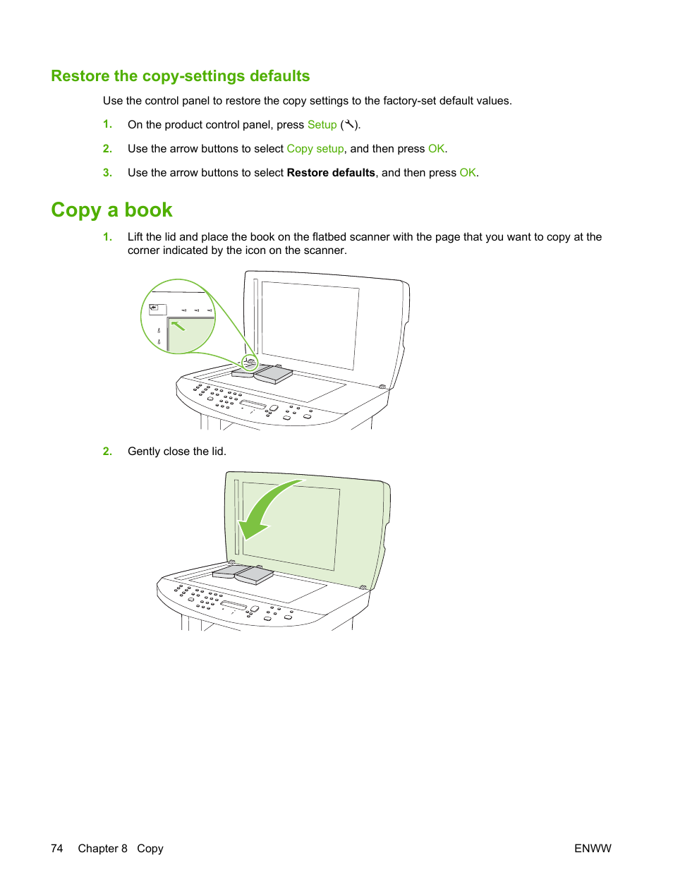 Restore the copy-settings defaults, Copy a book | HP LaserJet M1522 Multifunction Printer series User Manual | Page 86 / 254