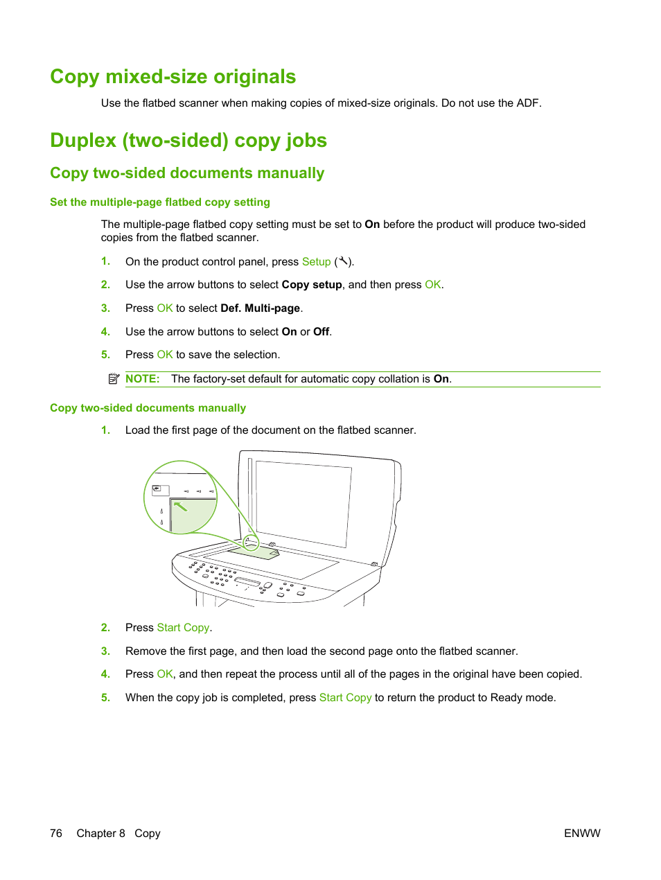 Copy mixed-size originals, Duplex (two-sided) copy jobs, Copy two-sided documents manually | HP LaserJet M1522 Multifunction Printer series User Manual | Page 88 / 254