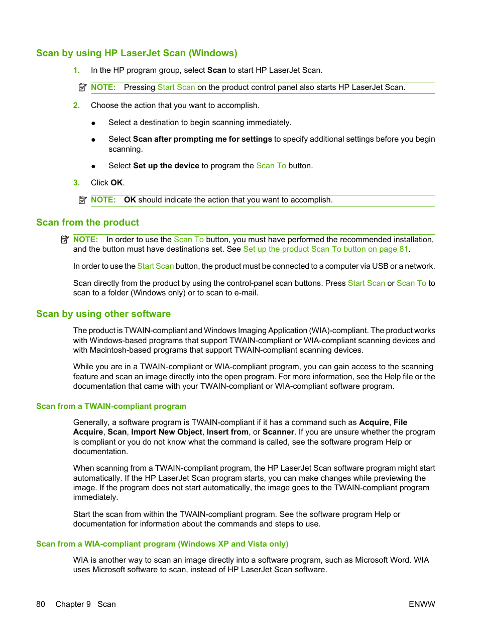Scan by using hp laserjet scan (windows), Scan from the product, Scan by using other software | Scan from a twain-compliant program | HP LaserJet M1522 Multifunction Printer series User Manual | Page 92 / 254