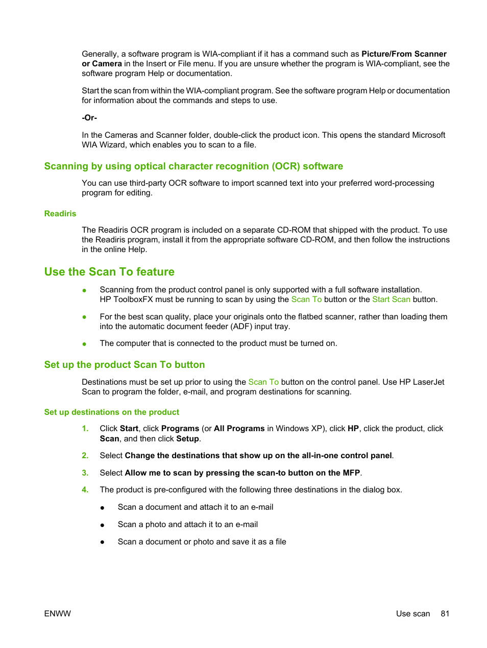 Readiris, Use the scan to feature, Set up the product scan to button | HP LaserJet M1522 Multifunction Printer series User Manual | Page 93 / 254