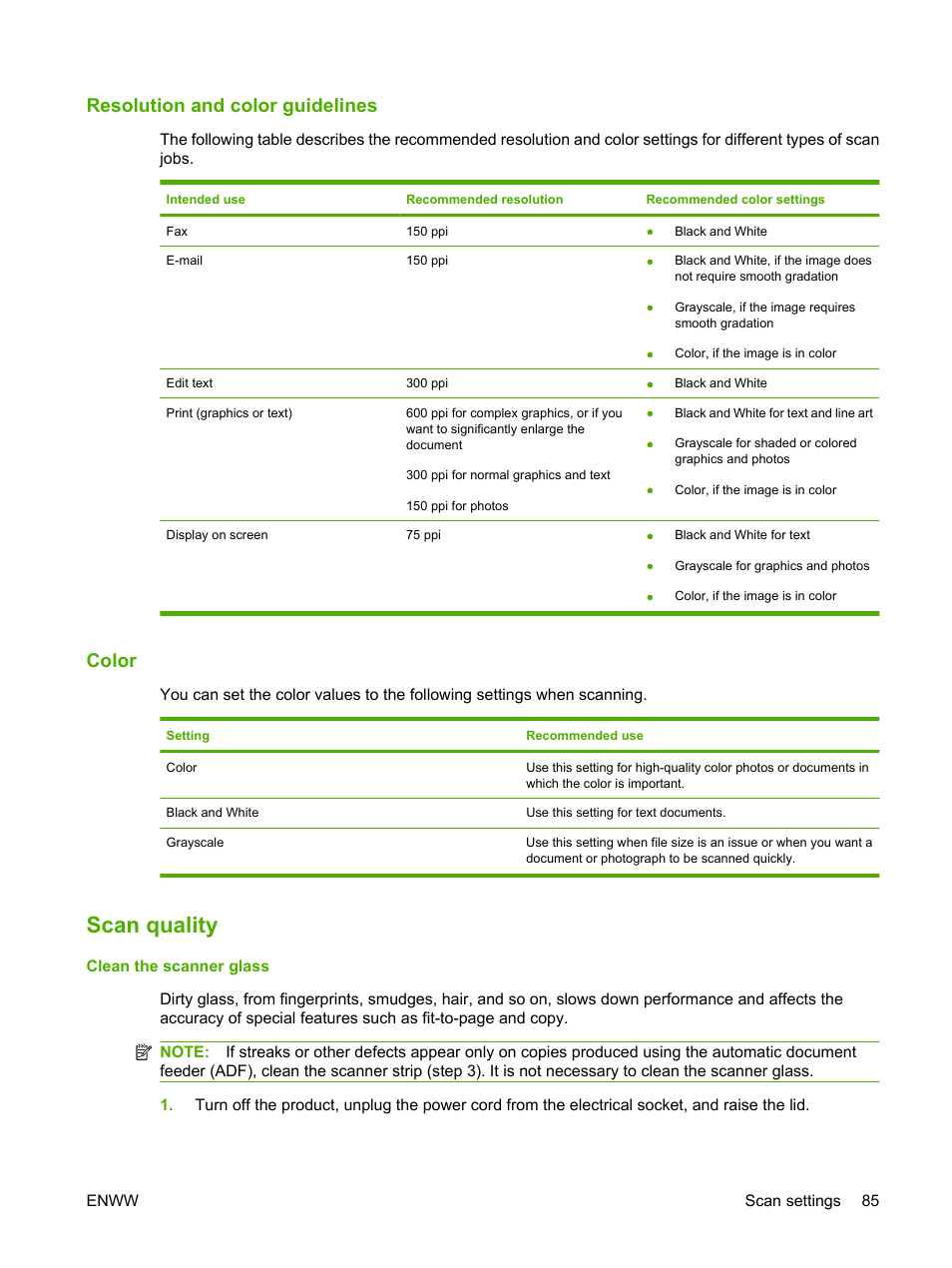 Resolution and color guidelines, Color, Scan quality | HP LaserJet M1522 Multifunction Printer series User Manual | Page 97 / 254