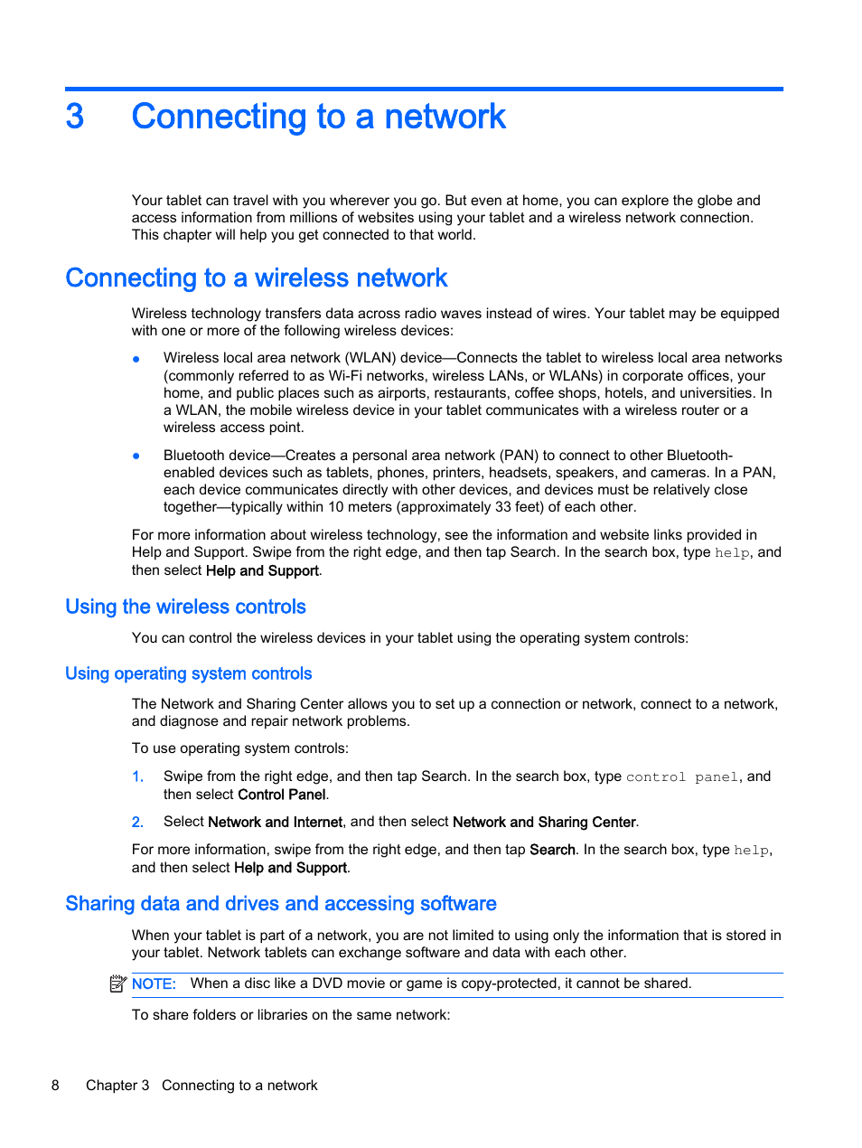 Connecting to a network, Connecting to a wireless network, Using the wireless controls | Using operating system controls, Sharing data and drives and accessing software, 3 connecting to a network, 3connecting to a network | HP Pro Tablet 610 G1 PC User Manual | Page 16 / 48