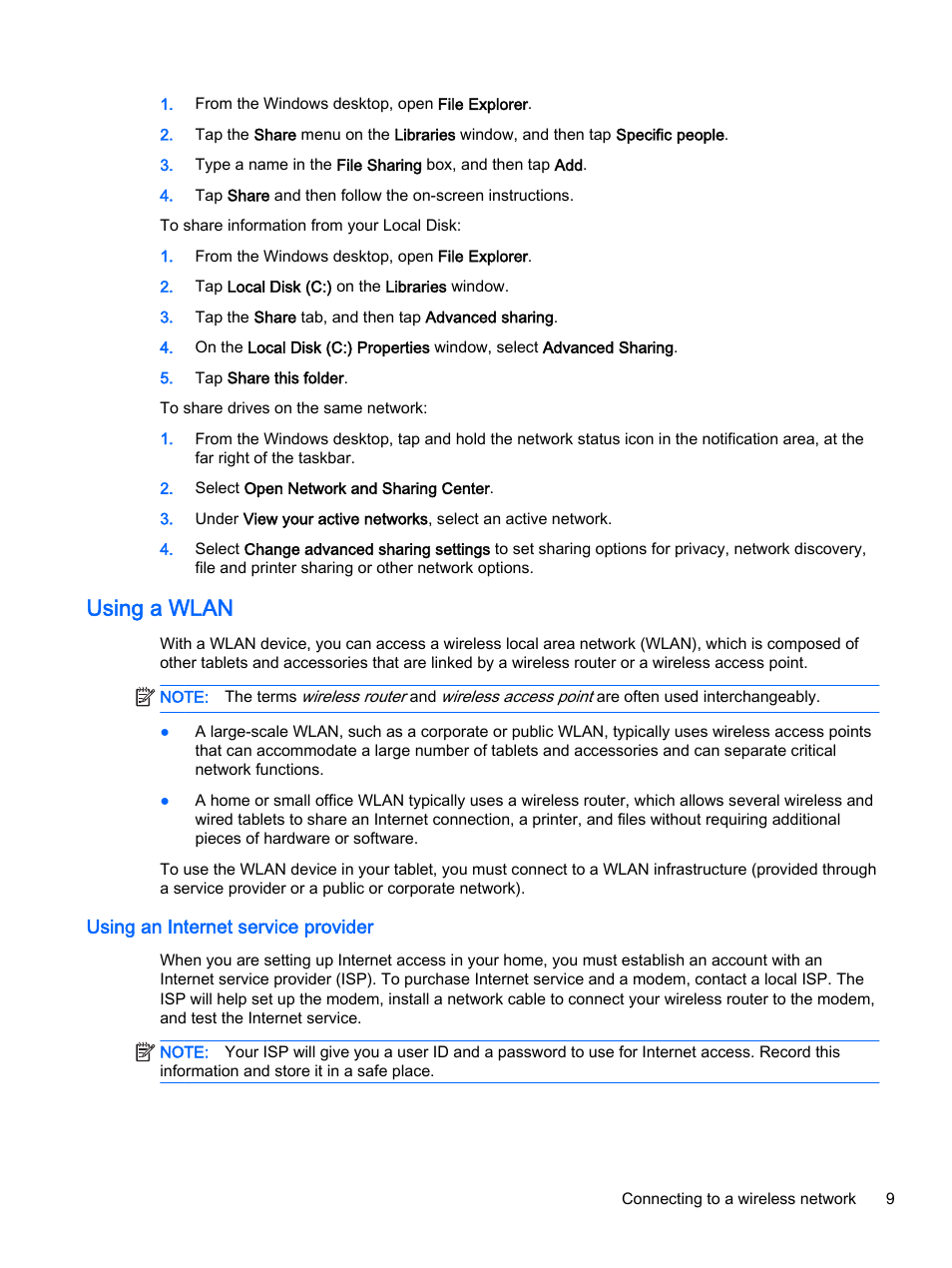 Using a wlan, Using an internet service provider | HP Pro Tablet 610 G1 PC User Manual | Page 17 / 48