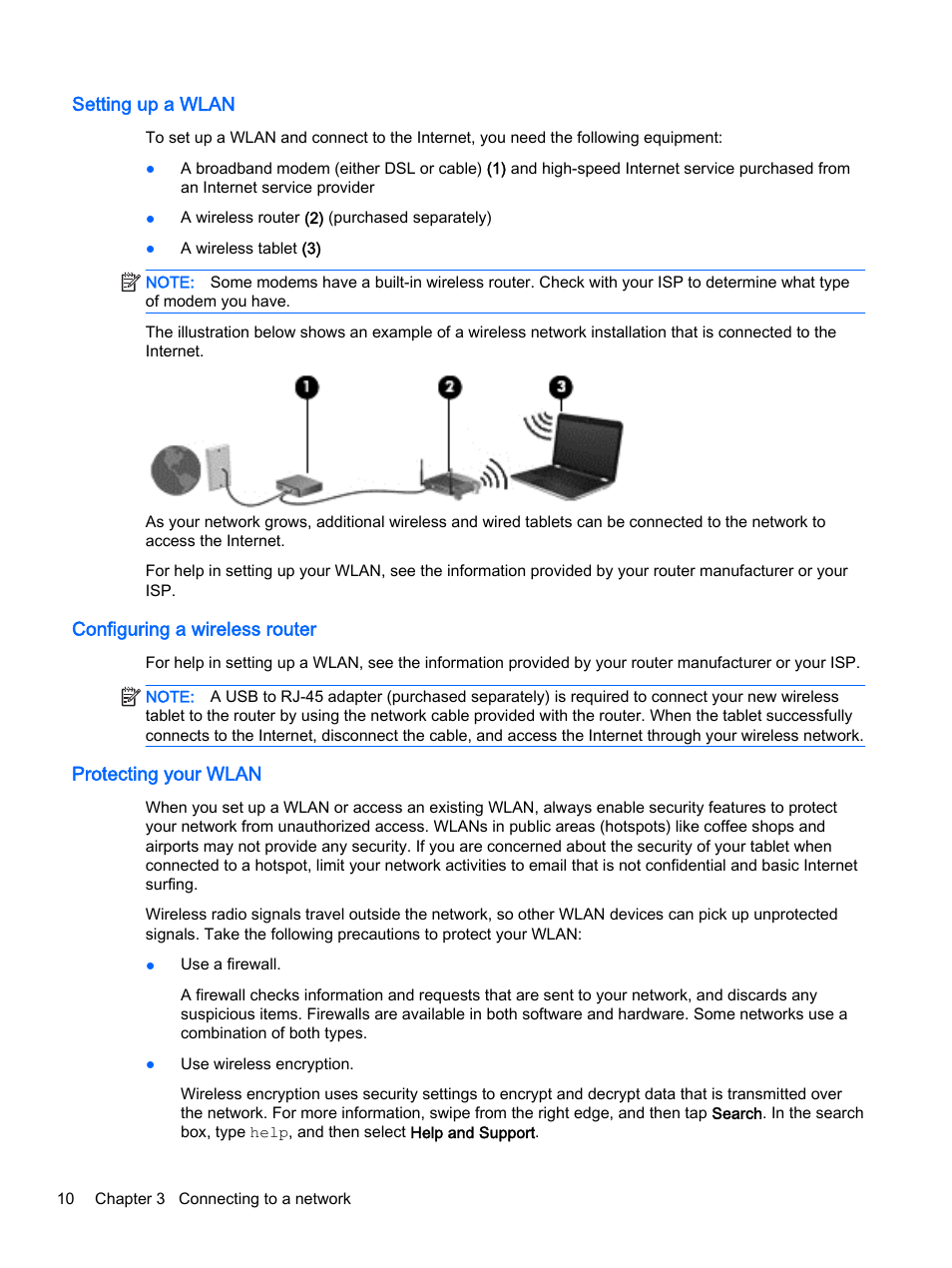 Setting up a wlan, Configuring a wireless router, Protecting your wlan | HP Pro Tablet 610 G1 PC User Manual | Page 18 / 48