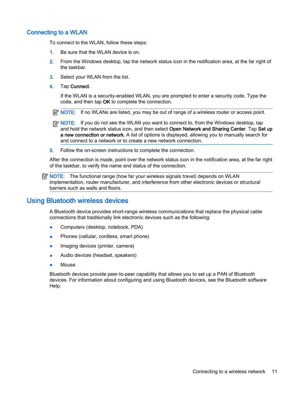 Connecting to a wlan, Using bluetooth wireless devices | HP Pro Tablet 610 G1 PC User Manual | Page 19 / 48