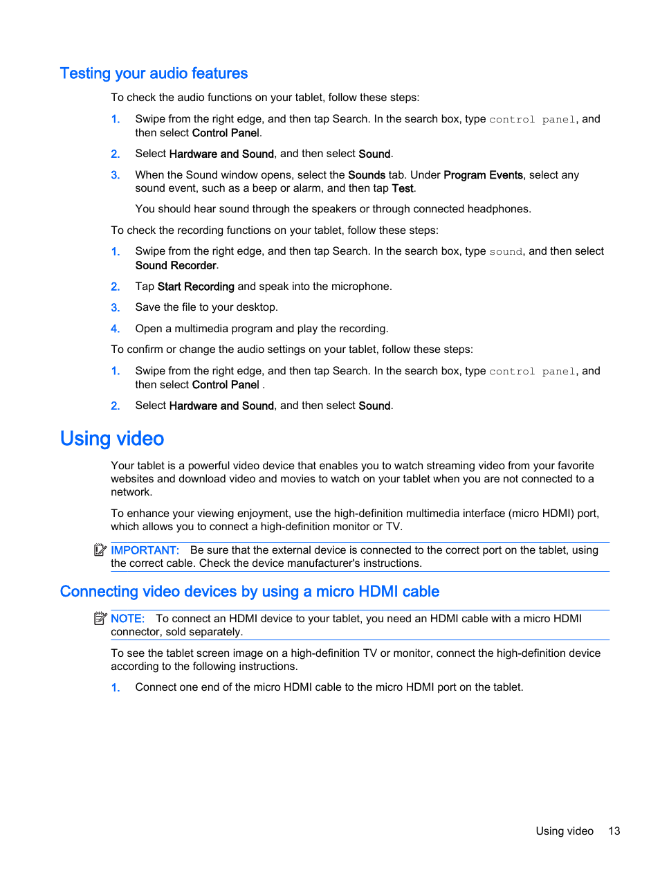 Testing your audio features, Using video | HP Pro Tablet 610 G1 PC User Manual | Page 21 / 48