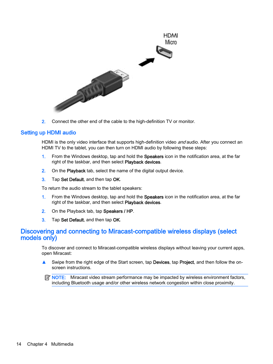 Setting up hdmi audio | HP Pro Tablet 610 G1 PC User Manual | Page 22 / 48