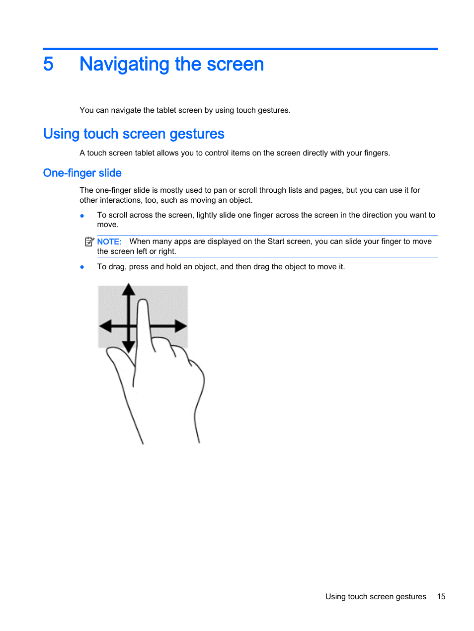 Navigating the screen, Using touch screen gestures, One-finger slide | 5 navigating the screen, 5navigating the screen | HP Pro Tablet 610 G1 PC User Manual | Page 23 / 48