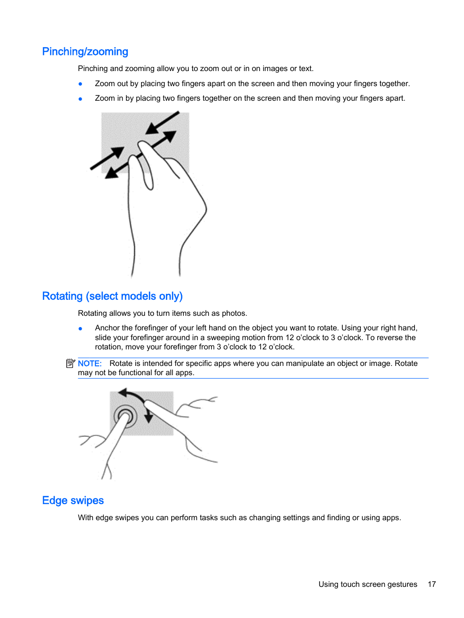 Pinching/zooming, Rotating (select models only), Edge swipes | HP Pro Tablet 610 G1 PC User Manual | Page 25 / 48