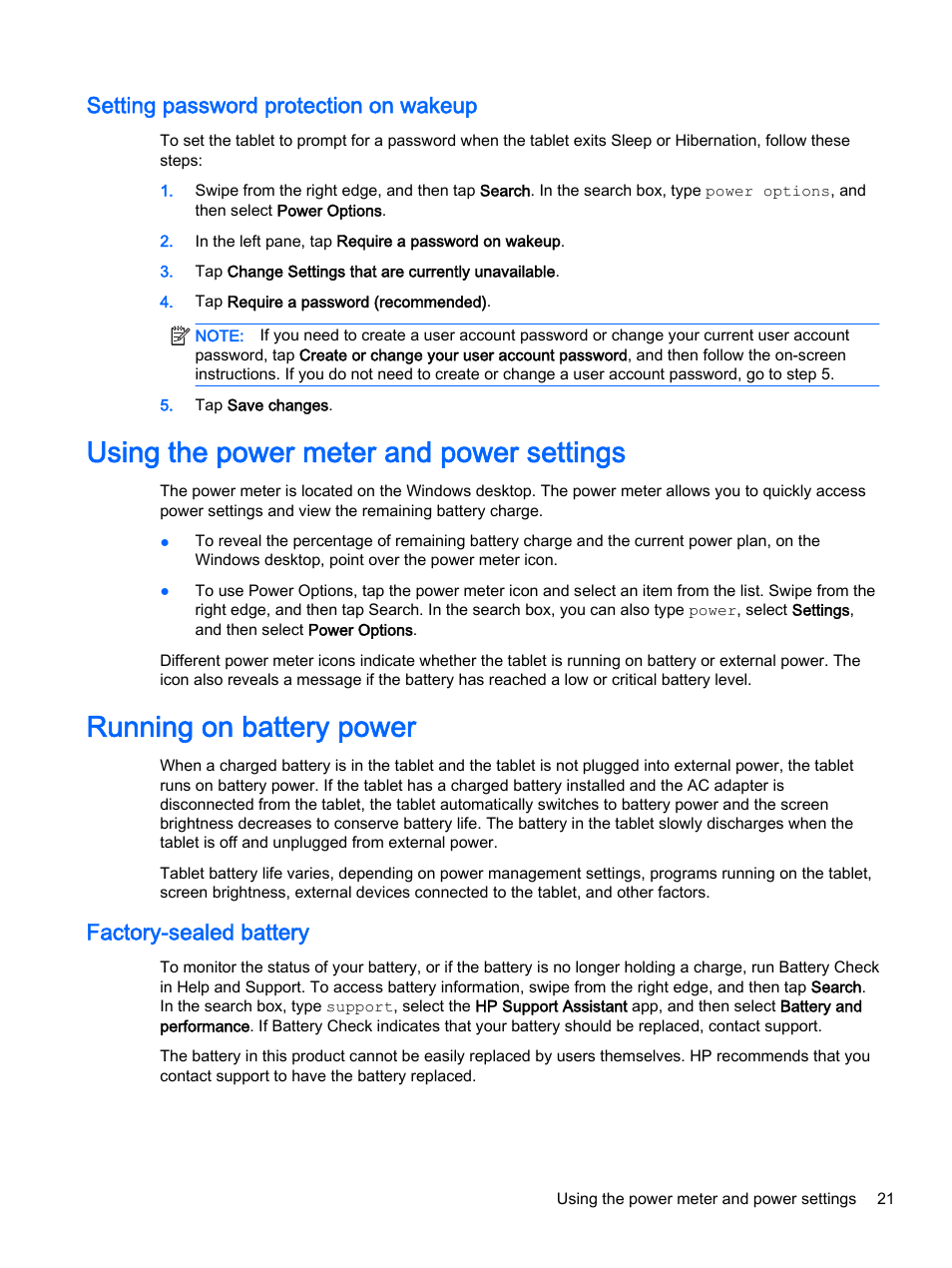 Setting password protection on wakeup, Using the power meter and power settings, Running on battery power | Factory-sealed battery | HP Pro Tablet 610 G1 PC User Manual | Page 29 / 48