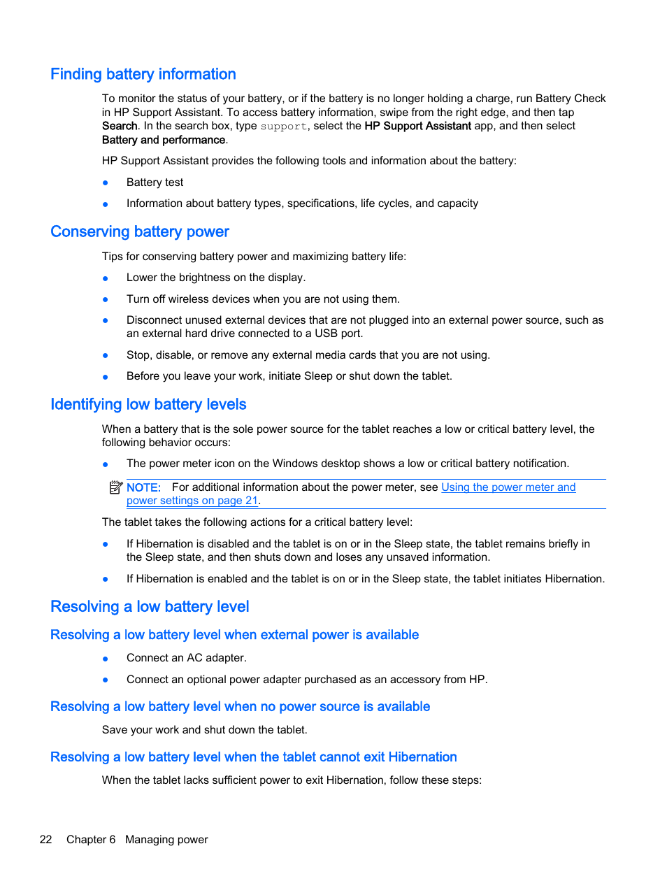 Finding battery information, Conserving battery power, Identifying low battery levels | Resolving a low battery level | HP Pro Tablet 610 G1 PC User Manual | Page 30 / 48