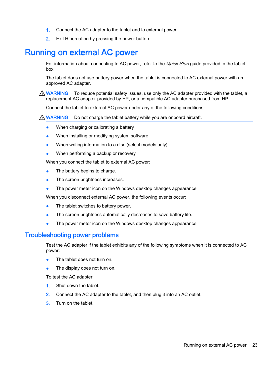Running on external ac power, Troubleshooting power problems | HP Pro Tablet 610 G1 PC User Manual | Page 31 / 48