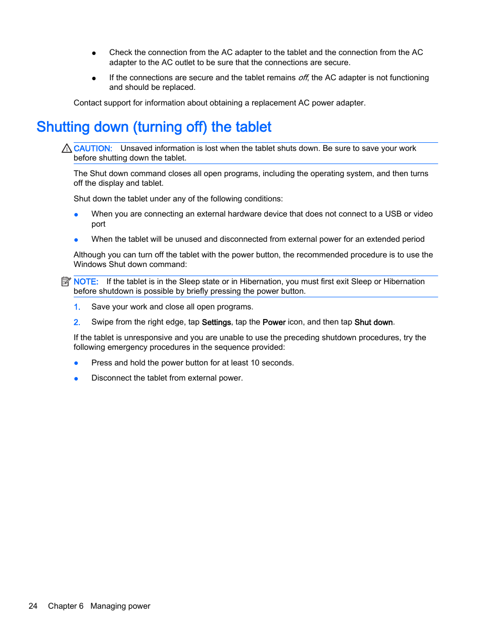 Shutting down (turning off) the tablet | HP Pro Tablet 610 G1 PC User Manual | Page 32 / 48