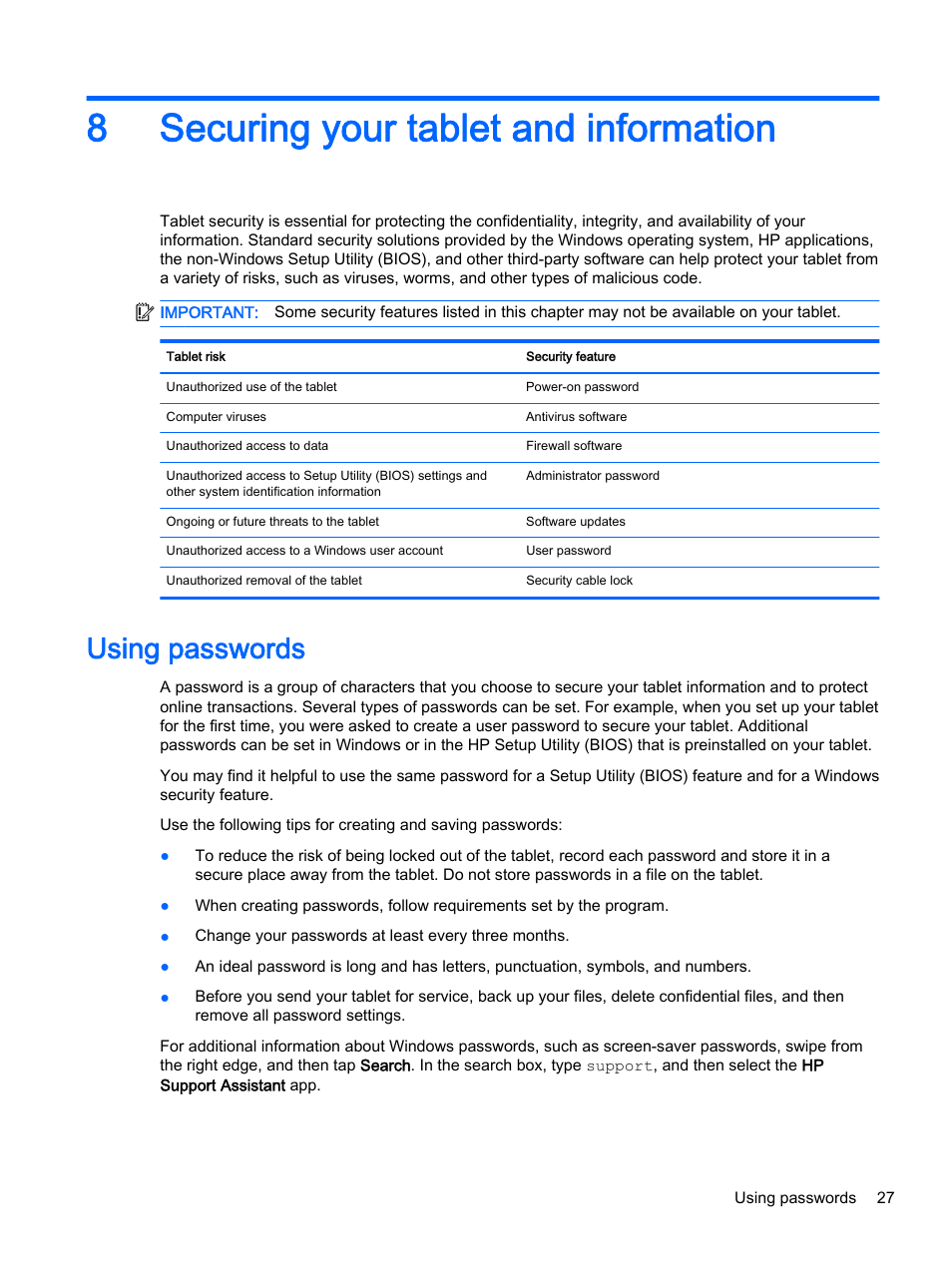 Securing your tablet and information, Using passwords, 8 securing your tablet and information | 8securing your tablet and information | HP Pro Tablet 610 G1 PC User Manual | Page 35 / 48