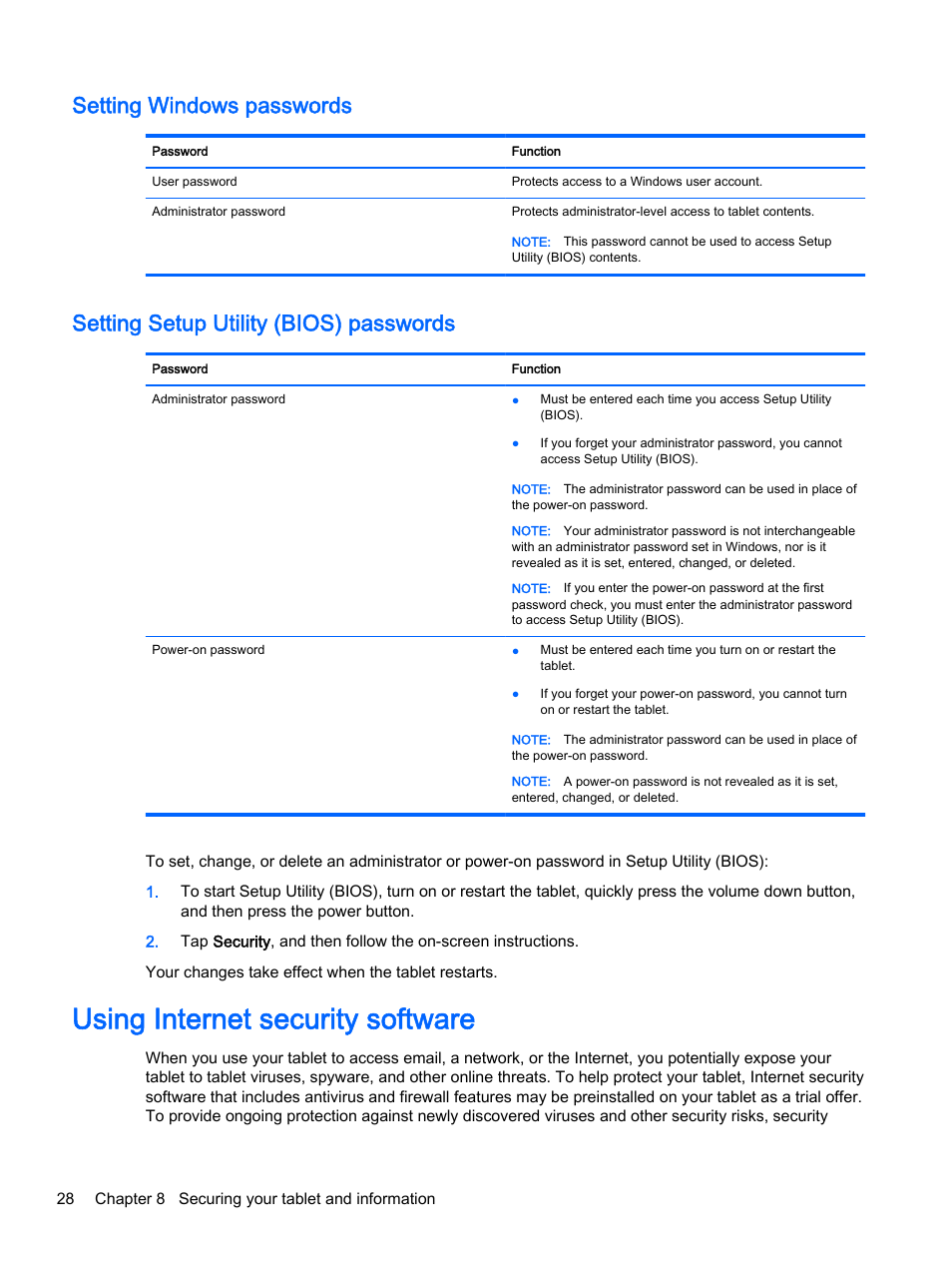 Setting windows passwords, Setting setup utility (bios) passwords, Using internet security software | HP Pro Tablet 610 G1 PC User Manual | Page 36 / 48