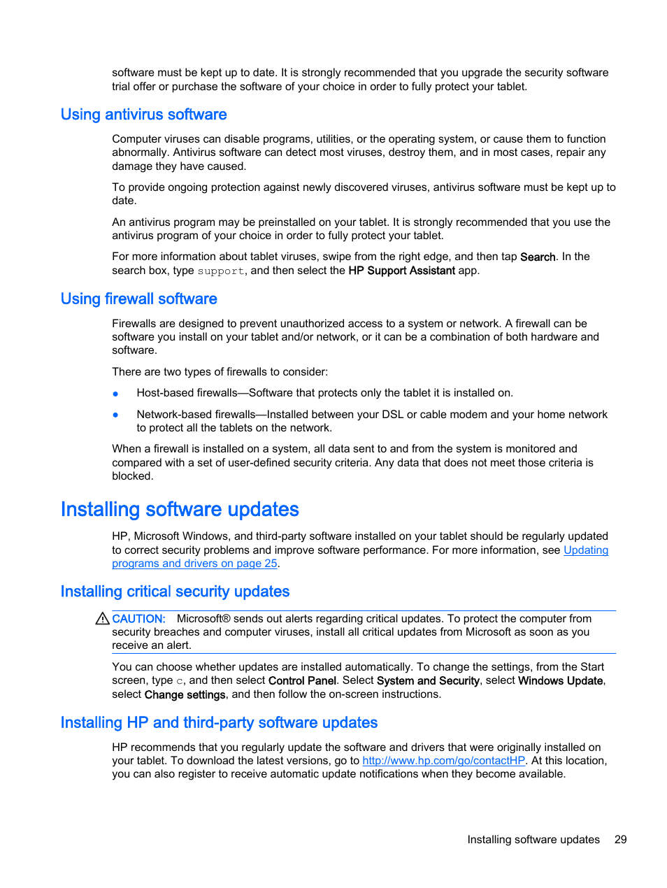 Using antivirus software, Using firewall software, Installing software updates | Installing critical security updates, Installing hp and third-party software updates, Using antivirus software using firewall software | HP Pro Tablet 610 G1 PC User Manual | Page 37 / 48