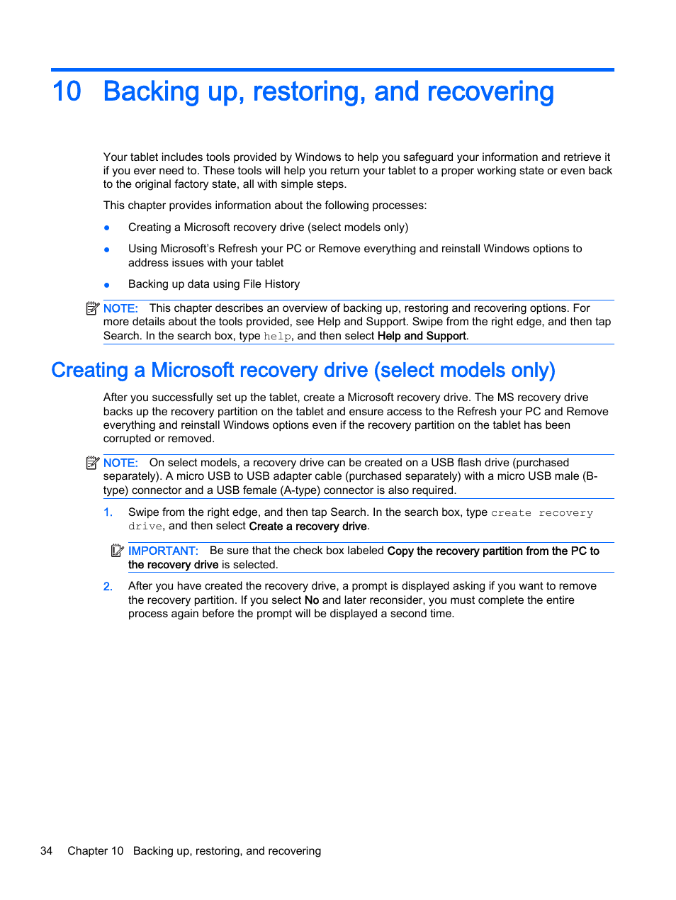 Backing up, restoring, and recovering, 10 backing up, restoring, and recovering, Backing up | HP Pro Tablet 610 G1 PC User Manual | Page 42 / 48