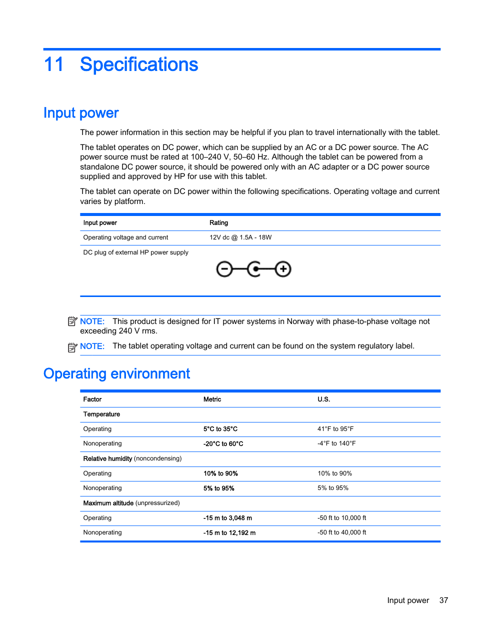 Specifications, Input power, Operating environment | 11 specifications, Input power operating environment | HP Pro Tablet 610 G1 PC User Manual | Page 45 / 48