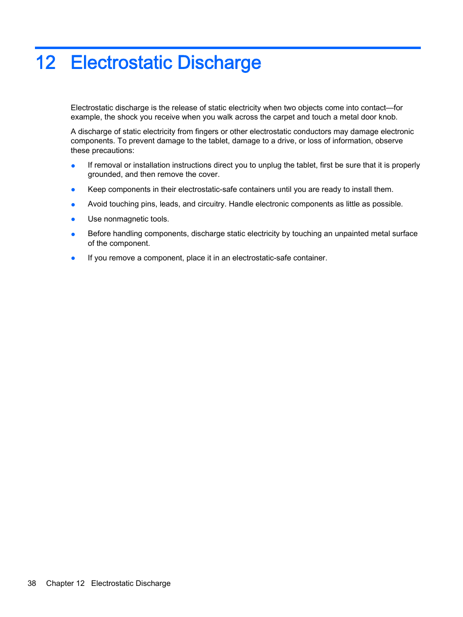 Electrostatic discharge, 12 electrostatic discharge | HP Pro Tablet 610 G1 PC User Manual | Page 46 / 48