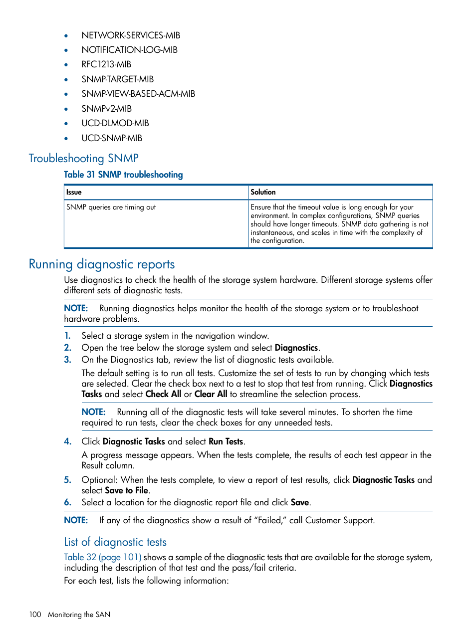 Troubleshooting snmp, Running diagnostic reports, List of diagnostic tests | HP StoreVirtual 4000 Storage User Manual | Page 100 / 288