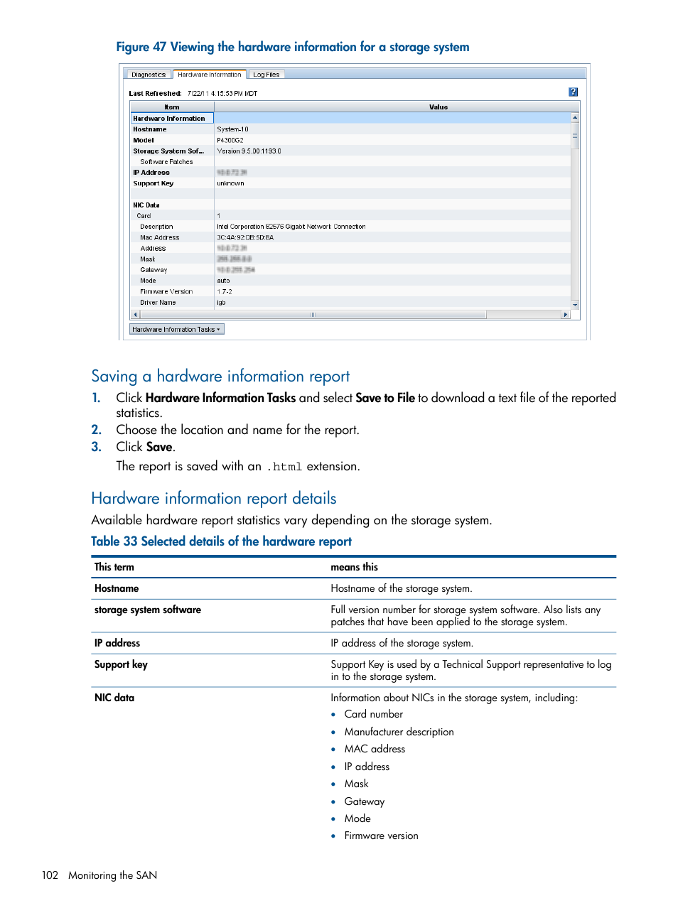 Saving a hardware information report, Hardware information report details | HP StoreVirtual 4000 Storage User Manual | Page 102 / 288