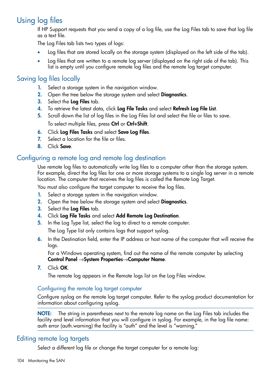 Using log files, Saving log files locally, Editing remote log targets | HP StoreVirtual 4000 Storage User Manual | Page 104 / 288