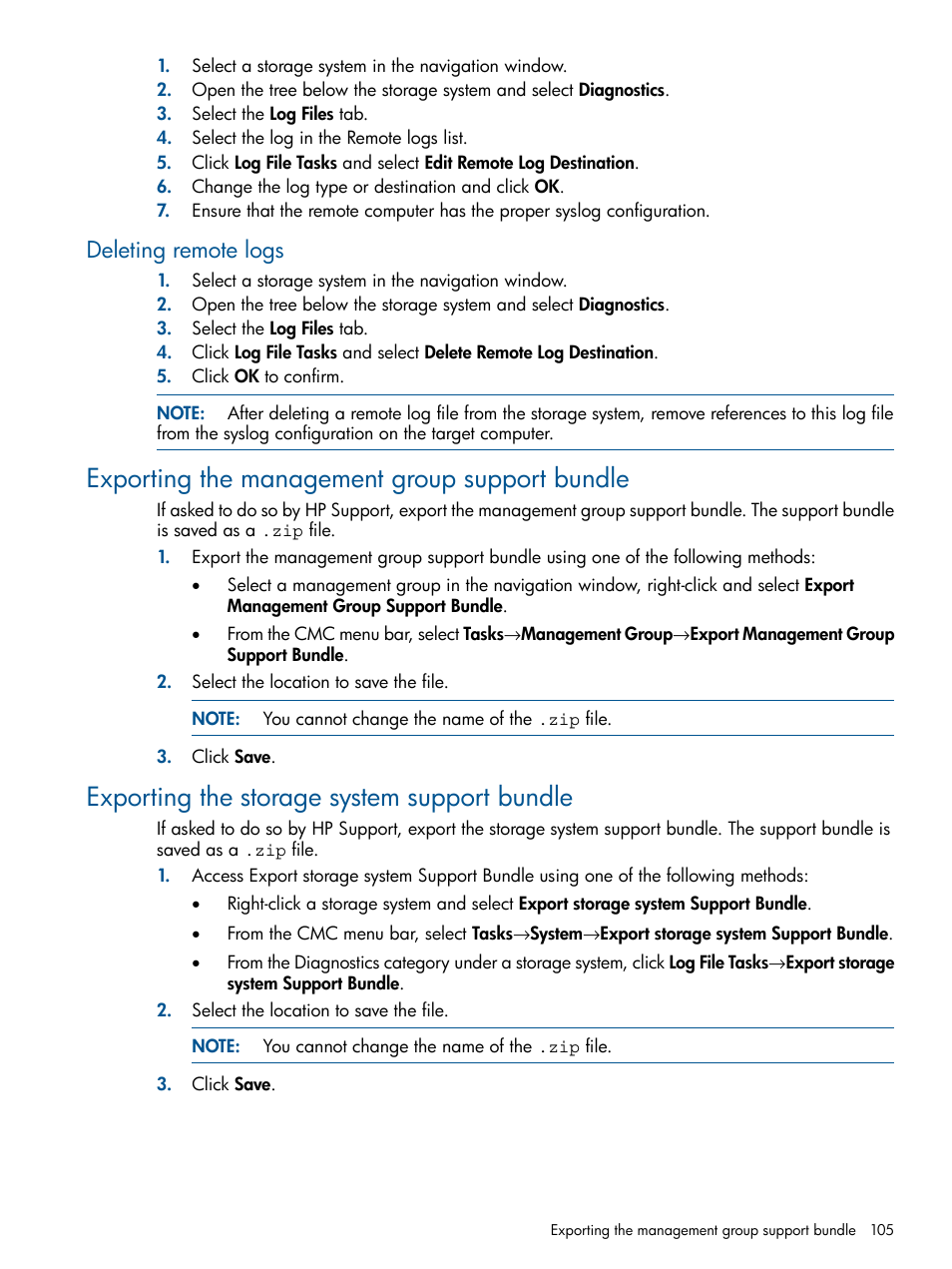 Deleting remote logs, Exporting the management group support bundle, Exporting the storage system support bundle | HP StoreVirtual 4000 Storage User Manual | Page 105 / 288