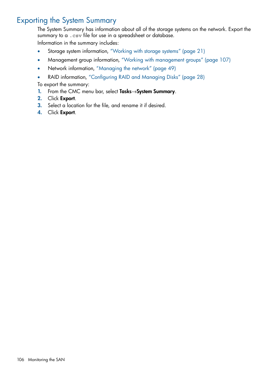 Exporting the system summary | HP StoreVirtual 4000 Storage User Manual | Page 106 / 288