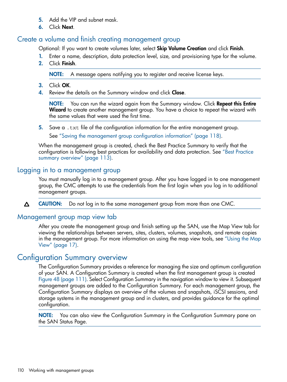 Logging in to a management group, Management group map view tab, Configuration summary overview | HP StoreVirtual 4000 Storage User Manual | Page 110 / 288