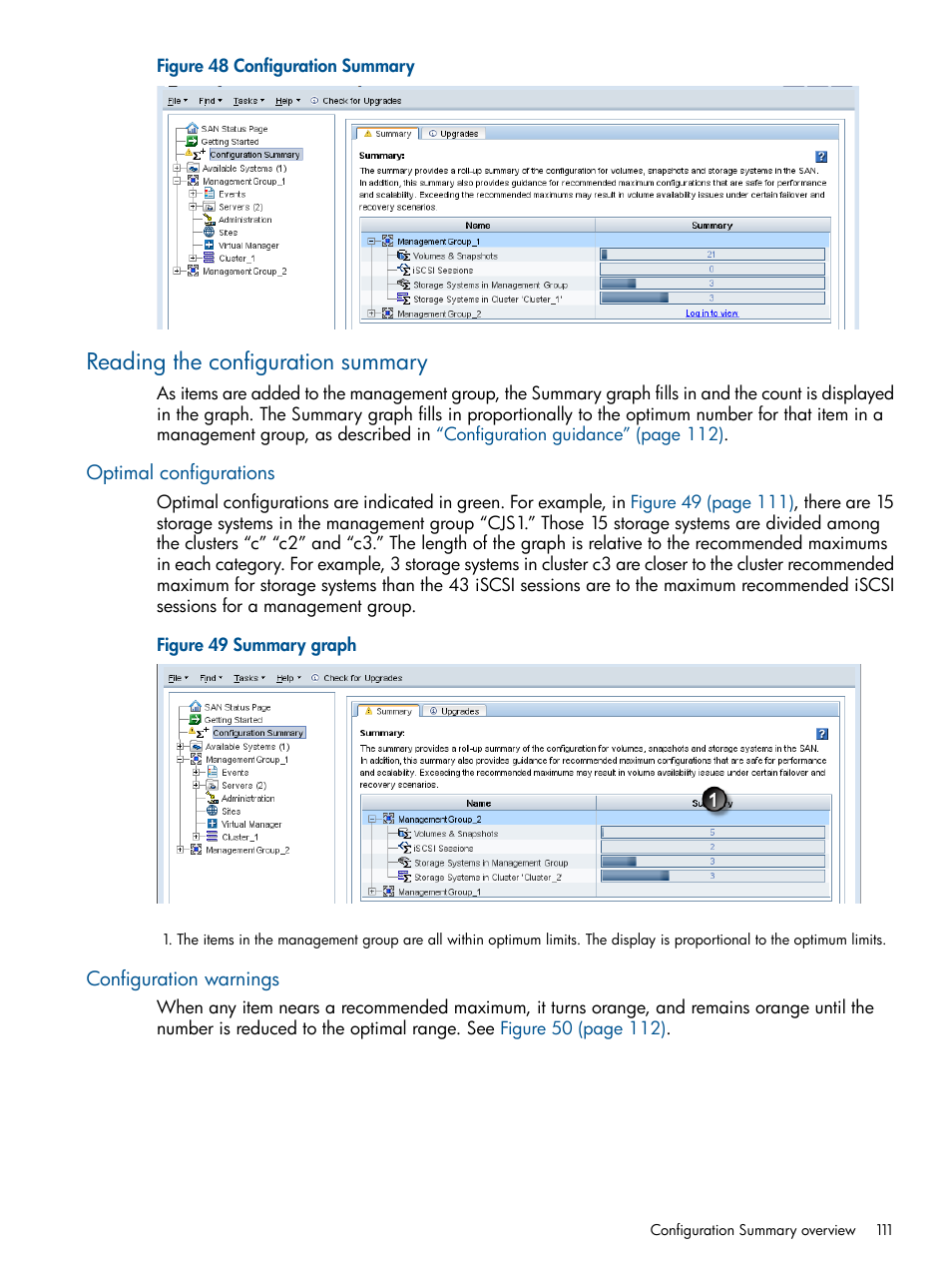 Reading the configuration summary, Optimal configurations, Configuration warnings | Optimal configurations configuration warnings | HP StoreVirtual 4000 Storage User Manual | Page 111 / 288