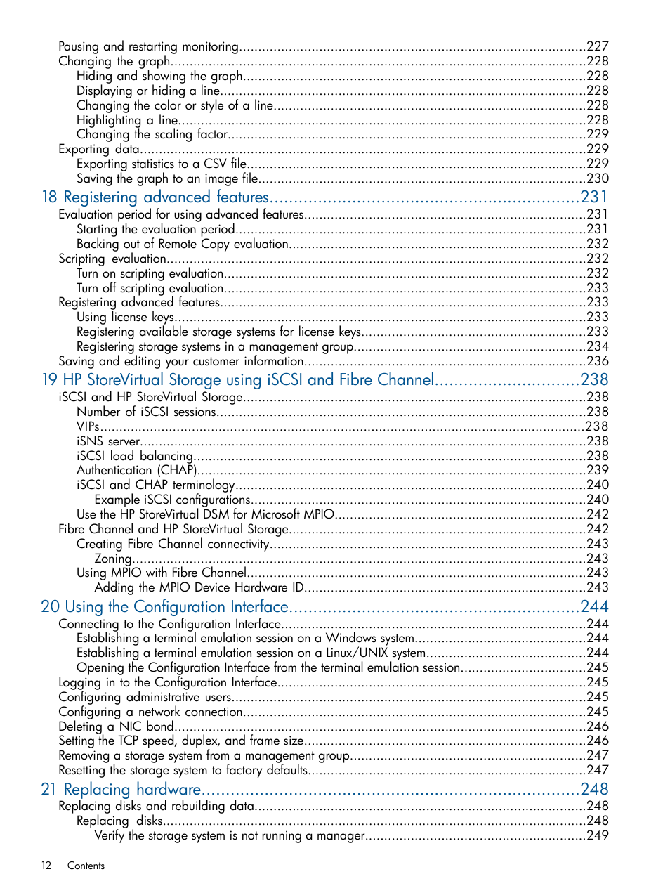 18 registering advanced features, 20 using the configuration interface, 21 replacing hardware | HP StoreVirtual 4000 Storage User Manual | Page 12 / 288